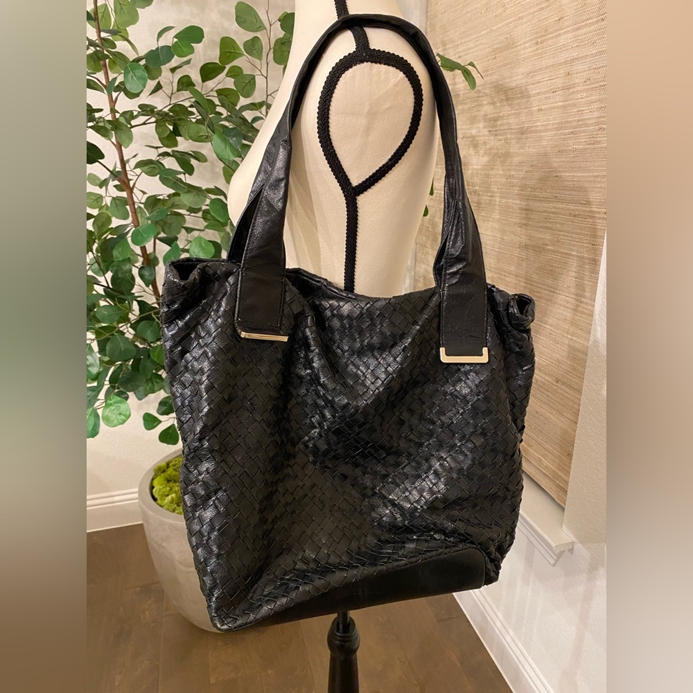 Elliot Lucca Woven Leather Shoulder Bag- Black